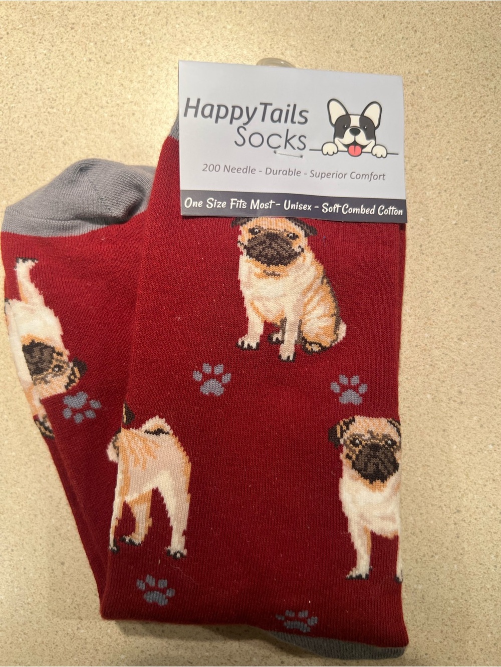 Pug Pattern Crew Socks - Red - Picture 2 of 2